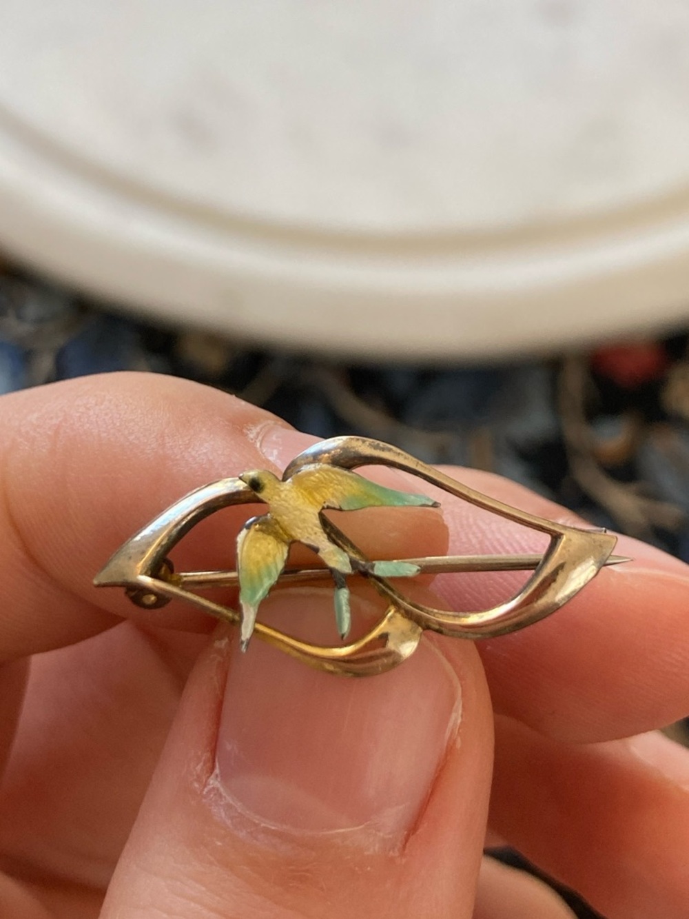 Antique Victorian Guilloche Enamel Swallow & Arch Brooch